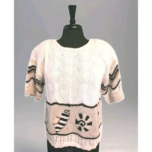 Tony Lambert Vtg 1980s Sweater Nautical‎ Shells Women's Small Medium Cream Black